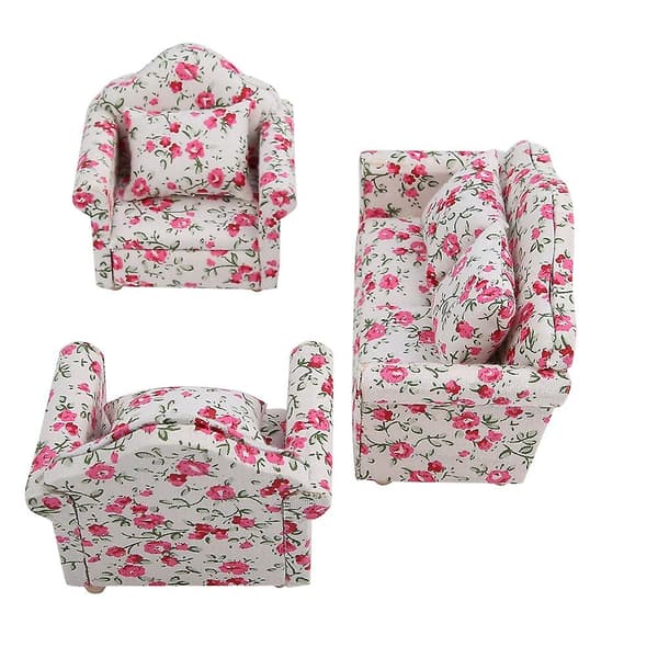 1/12 skala dockhus mini möbler soffa set med ryggkuddar - Blommönster #2