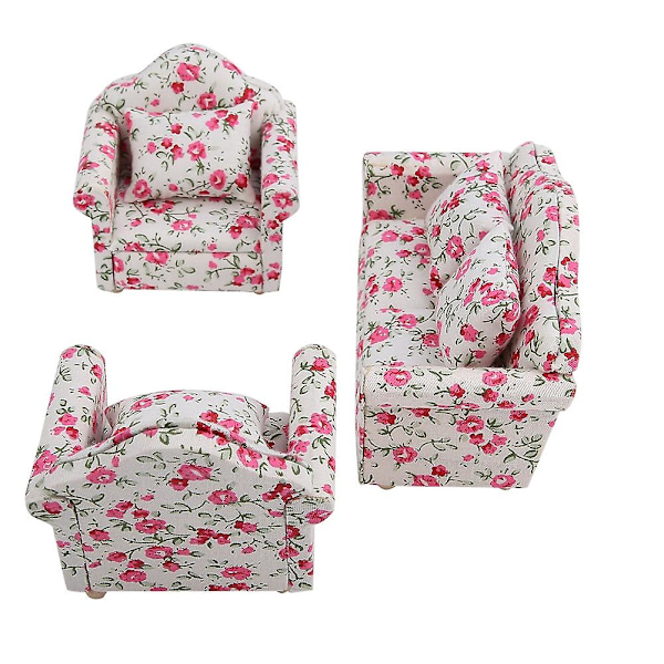 1/12 Skala Dukkehust Mini Møbler Sofaset med Ryggputer - Blomstermønster #2