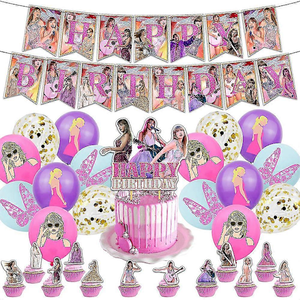 Taylor Swift-tema Rosa Födelsedagsfest Dekoration Banner Ballonger Kit Tårta Cupcake Toppers Set