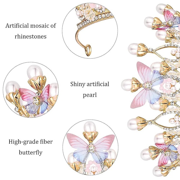 Retro Pige Crown med Sommerfugl Tilbehør Børne Ppearl Sommerfugl Crown Performance Hår Tilbehør