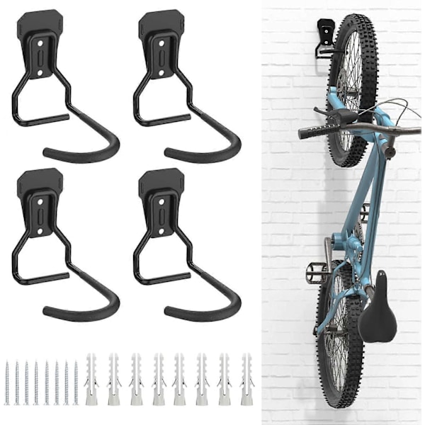 Set med 4 cykelkrokar, järnhängare, kraftiga L-formade förvaringsväggfästen, praktisk cykelställ för hemgarage, svart