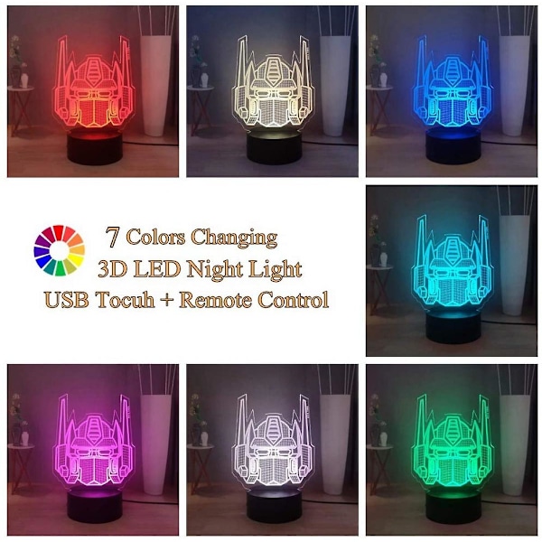 Transformers 3D Nattlampa, Optimus Prime 7 Färger LED Bordlampa, Fjärrkontroll Barnrumsnattlampa, Barn Pojkar Födelsedag Julgåva