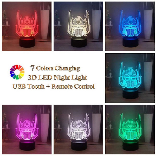 Transformers 3D nattlys, Optimus Prime 7 farger LED bordlampe, fjernkontroll nattlampe for barnerom, bursdags- og julegave til barn