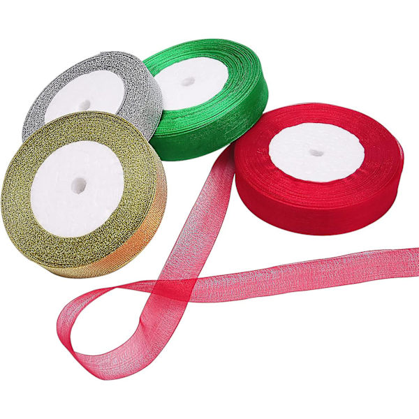 4 Rullar 4/5 Tum Bred Julmetallisk Glitterorganza Band Guld, Silver, Röd, Grön Band För Presentinslagning, Julgran Rumsdekoration