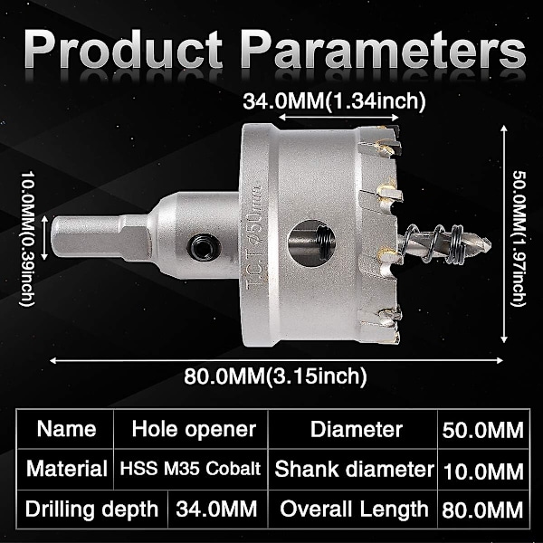 50mm Hulskærer med Tungsten Carbide Tænder, TCT Hulsavbor til Rustfrit Stål, Plade, Metal (50mm)