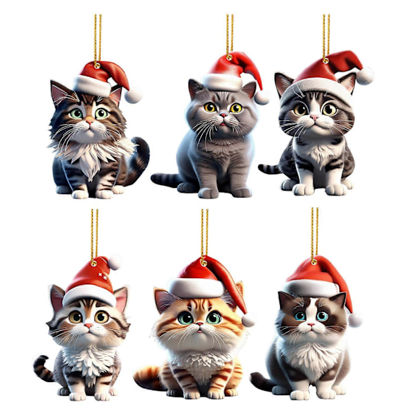 6 st julgransdekorationer 2D tecknade kattberlocker hängande akryl prydnader för jul hem bil dekoration