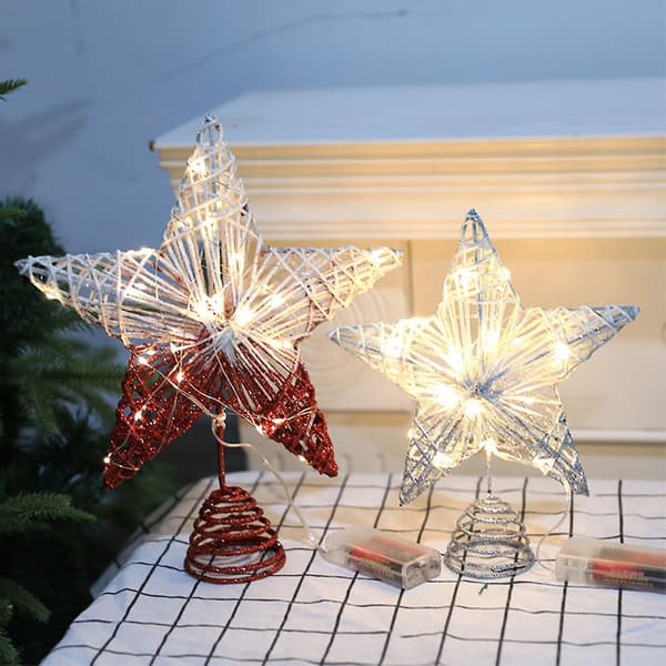 Juletræstopstjerne med LED-lys og glitter - Pynt til juletræet