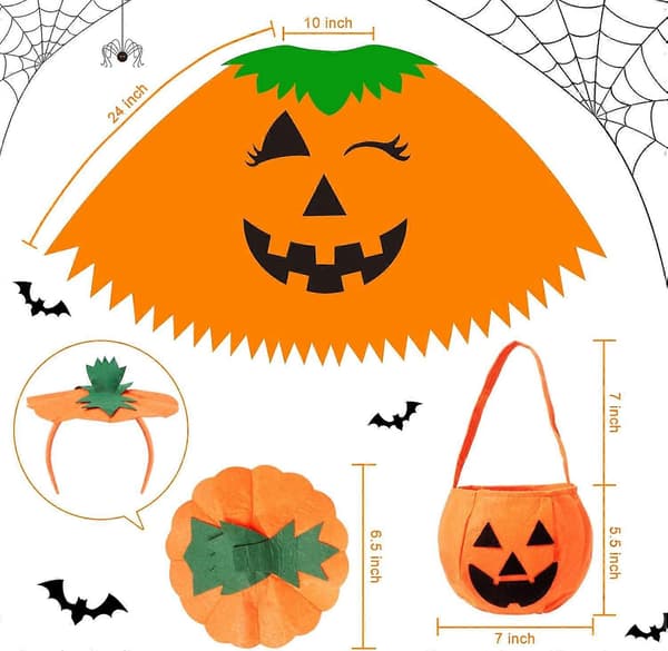 Halloween Pumpa Poncho för Kvinnor, Pumpa Kappa Kostym med Hårband och Godispåse