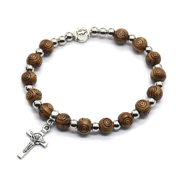 8mm Träpärlor Rosenkrans Armband Vintage Jesus Kristus Kors för Kors Handled