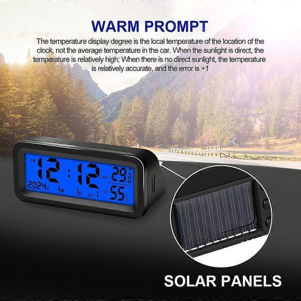 Solarbil Digital Klocka Datum Vecka Temperatur Luftfuktighet LCD-Display för Instrumentbräda Bilklocka Bilar Intern Termometer Hygrometer Självhäftande