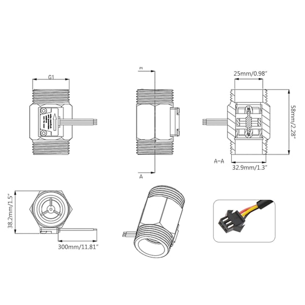 1-tums Small Water Flow Switch Mässing Vattensensor Hall Flödesmätare DC3.524V