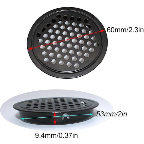 6 Stykker Ventilationsrist i Rustfrit Stål, Skabsventilationsrist - 60 mm Rund Ventilationsrist Kan Bruges i Garage, Badeværelse, Soveværelse