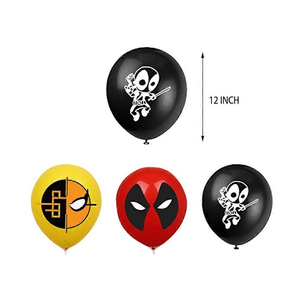 Deadpool-teemainen syntymäpäiväjuhlatarvikkeet, ilmapallot, banneri, kakku ja cupcake-koristeet