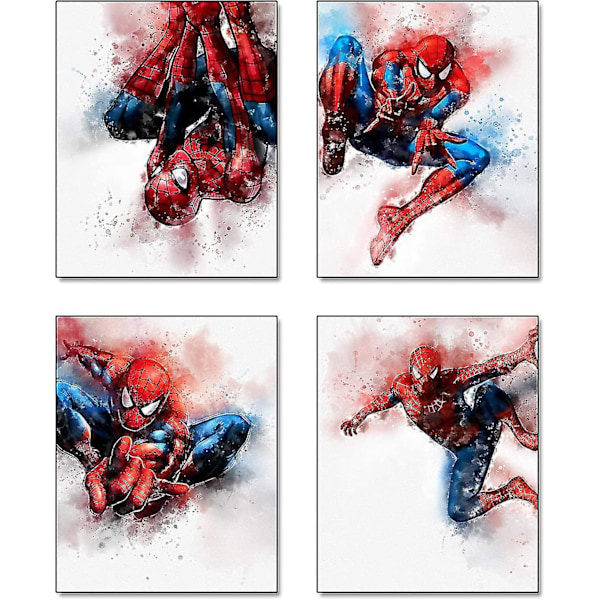 Serienfigur Superhjälte Spiderman Tema Konstmålning Set om 4 (8x10 Canvas Bild) Barn Pojkar Födelsedagspresent Spelrum Dekoration Konsttryck