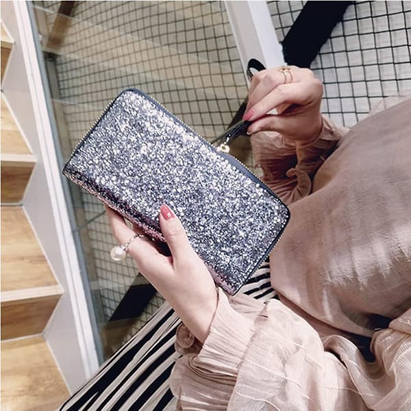 Kvinders Sequined Pung Casual 2-fold Lang Møntpung (sort)