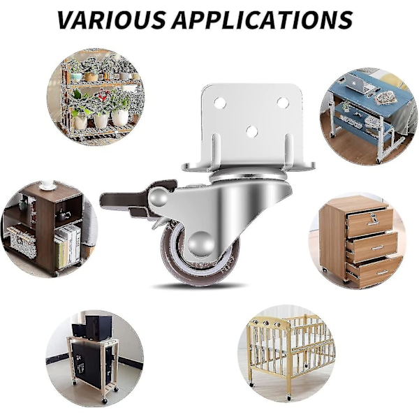 4 stk. drejelige hjul, møbelhjul, hjul med bremse, L-monteringsplade 25mm