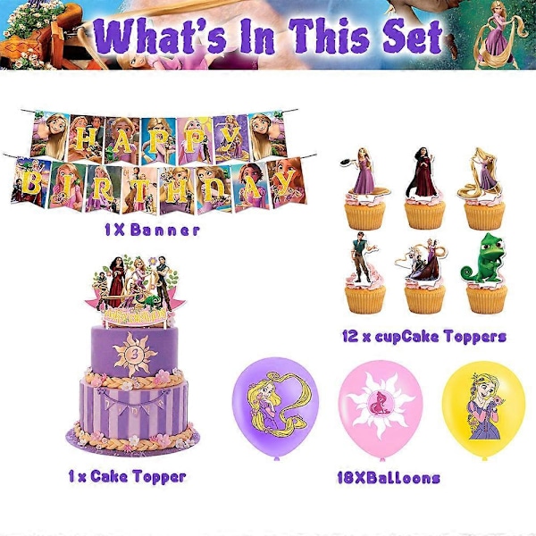 Tangled Rapunzel -prinsessateemallinen syntymäpäiväjuhlatarvikkeet - lippu, ilmapallot, cupcake-koristeet, kakun päällä oleva koriste, koristesarja