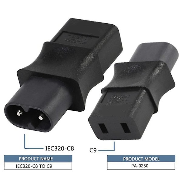 2 stk 2-pins IEC 320 C8 hann til IEC 320 C9 hunn AC-adapter 6A/250V Industriell strømkonverter
