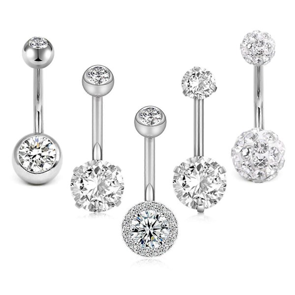 5 stk. navlepiercing barbell sæt piercing smykker sølv
