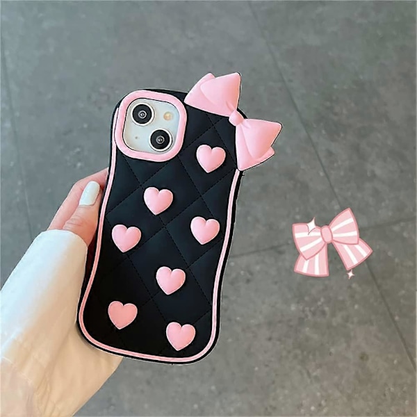 iPhone 14 Pro Max -kotelo Kawaii-puhelin kotelot, söpö 3D-piirretty musta silikoninen puhelinkotelo vaaleanpunaisen rakkauden jousella Pehmeä iskunkestävä suojaava