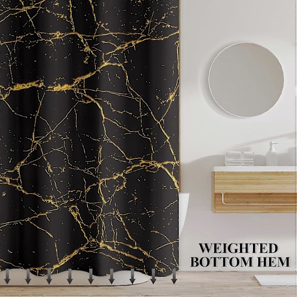 Marmor Duschdraperi för Badrum, Modernt Svart och Guld Duschdraperi, Vattentätt Tyg Badrumsdraperi Set med 12 Krokar, 183 x 183 cm