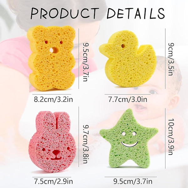 4 st Baby Badsvampar, Mjuka Säkra Djurformade Baby Badsvampar Barn, Naturliga Badmassage Svamp, Söta Baby Svamp för Bad Nyfödd Mjuk