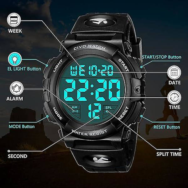 Digitala herrklockor, LED-bakgrundsbelyst digital armbandsur