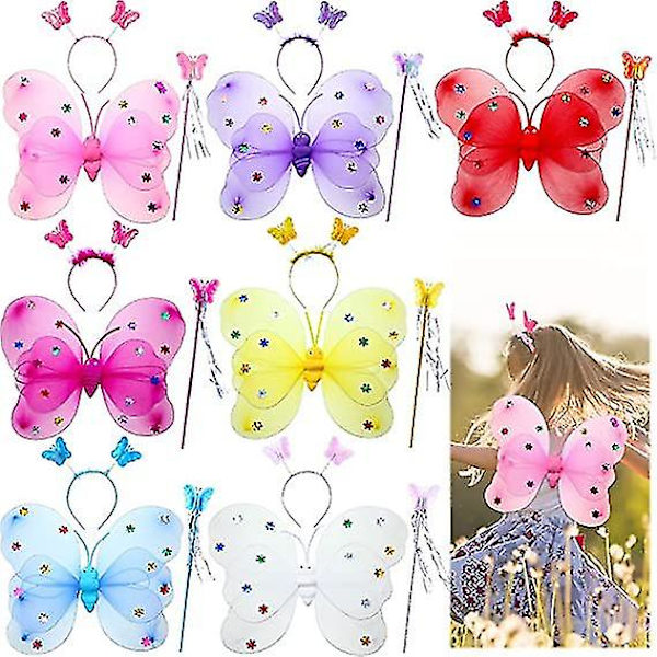 Pige Butterfly Fairy Vinger Sæt - 7 Sæt Med Tryllestave Og Pandebånd Til Fødselsdagsfest - Aldre 2 Til 12 - 7 Farver