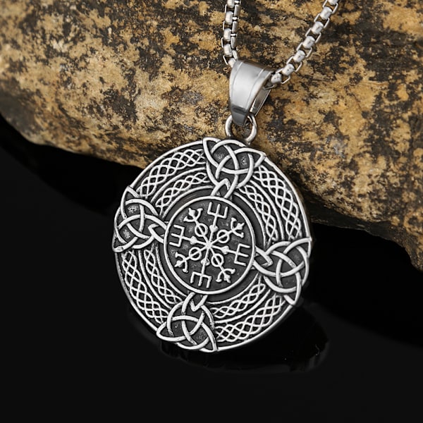 Viikinkikompassi-kaulakoru Sterling-hopeaa, hapettu, kelttiläinen solmu, runot, Vegvisir-riipus, pohjoismainen amuletti, pakanallinen koru, lahja miehille ja naisille