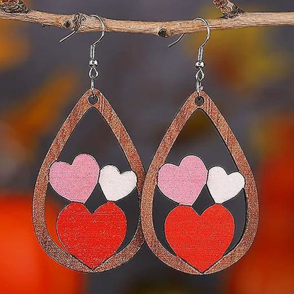 Valentinsdag Kärleks Hjärtan Trä Drop Örhängen Röd Rosa Hjärta Form Söta Katt Dubbel Tryckt Trä Dangle Örhängen För Kvinnor Mamma Flickvän