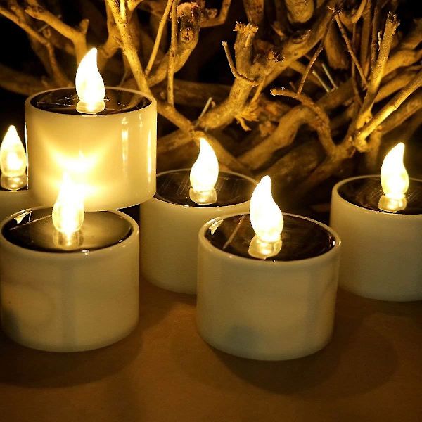 Solcelled LED-lys, Pakke med 6 Flammeløse Genopladelige Vandfaste LED-telys Varmt Hvid til Halloween, Jul, Have, Festival, Have, Bar