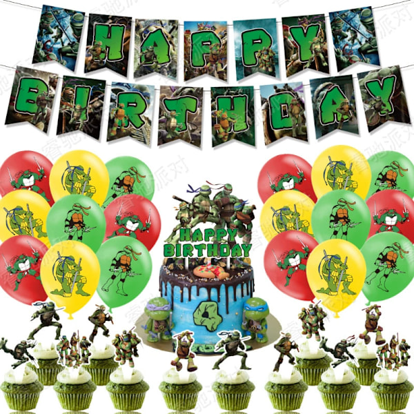 Teenage Mutant Ninja Turtles Cartoon Barnkalas Dekorationer Ballong Banner Tårtdekorationer Set Festartiklar Kits