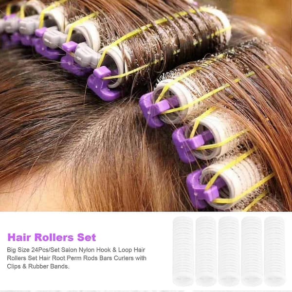 24 stk./sæt Salon Nylon Hook & Loop Hårruller Sæt Hårrødder Permanentstænger Stænger Krøller med Clips & Rub