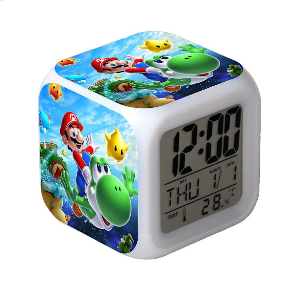 Wekity R-timer Super Mario Bros 7 Färgväxlande Digital Väckarklocka med Tid, Temperatur, Alarm, Datum