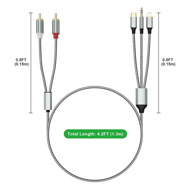 Lightning - RCA -kaapeli Audio Aux -sovitin, RCA - 3,5 mm -kaapeli, USB-C - 2 RCA -äänikaapeli, 3-in-1 -äänikaapeli autoon, kotiteatteriin, kaiuttimiin ja muuhun