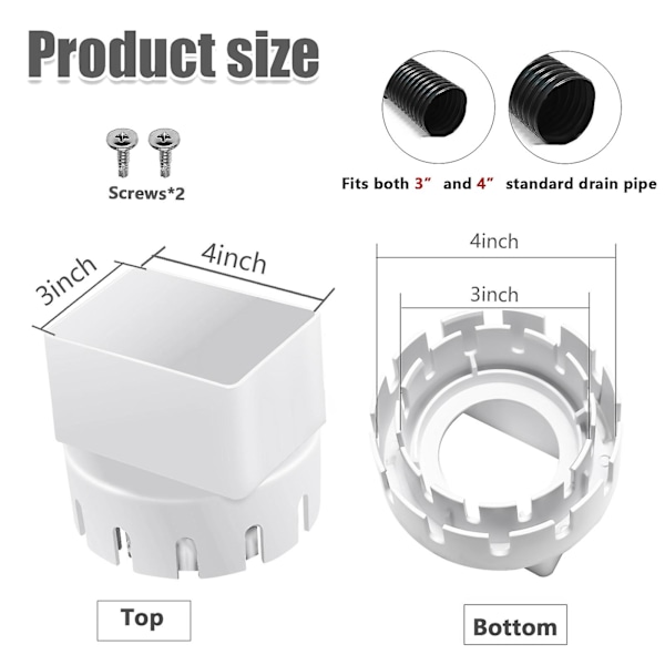 Adapter för stuprör till avloppsrör (3 tum x 4 tum fyrkantig stupränna till avloppsrörsadapter) Passar 3 eller 4 tum utvändigt