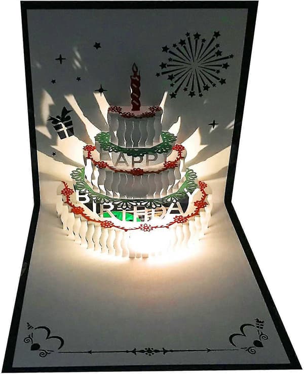 3D Pop Up Grattiskort med LED-belysning, musik och tårta