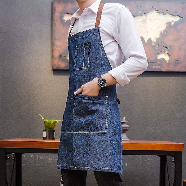 Unisex säädettävä monitaskullinen farkku-esiliina, sopii kokin keittiöön, grillaukseen ja studioon