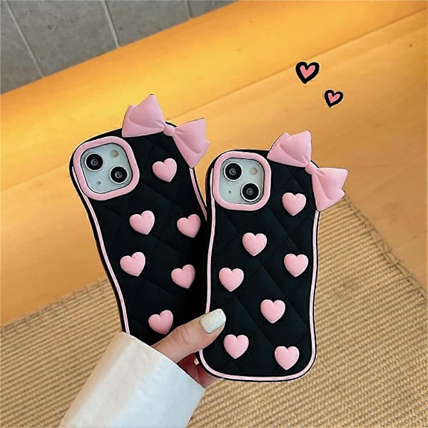 iPhone 14 Pro Max -kotelo Kawaii-puhelin kotelot, söpö 3D-piirretty musta silikoninen puhelinkotelo vaaleanpunaisen rakkauden jousella Pehmeä iskunkestävä suojaava