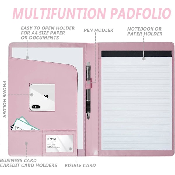 (Rosa) Lærmappe Portefølje Padfolio, Forretnings Padfolio Organizer Dokument Planlegger Portefølje Binder Oppbevaringslomme for Juridisk Pad Holder Papirarbeid P
