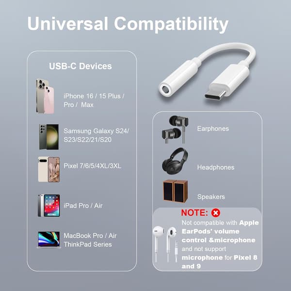 2-pak USB-C til 3,5 mm hovedtelefonstikadapter, MacBook, iPad Pro, Pixel 7/6/5., Samsung S21-24, USB-C til AUX lydadapterkabel. Egnet