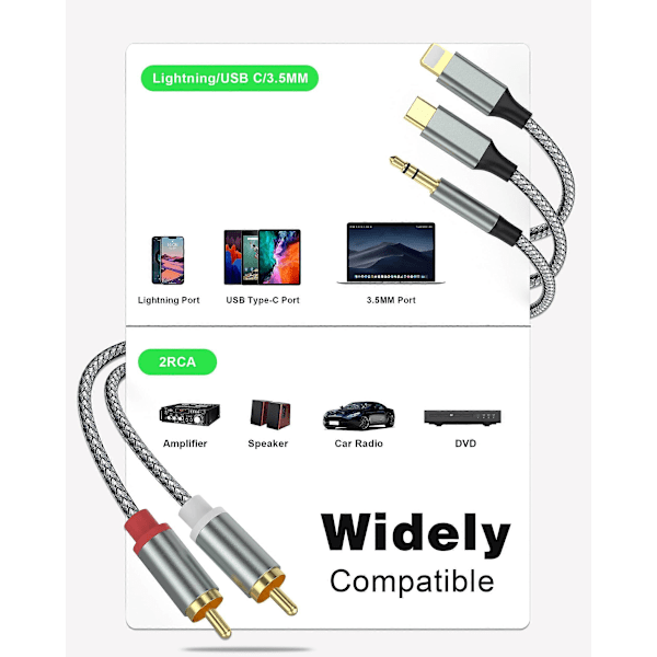 Lightning - RCA -kaapeli Audio Aux -sovitin, RCA - 3,5 mm -kaapeli, USB-C - 2 RCA -äänikaapeli, 3-in-1 -äänikaapeli autoon, kotiteatteriin, kaiuttimiin ja muuhun
