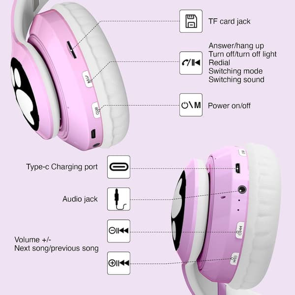 Bluetooth-hodetelefoner, sammenleggbare, rosa, for barn, skolebruk, Bluetooth-hodetelefoner for barn, katteører, sammenleggbare jentehodetelefoner