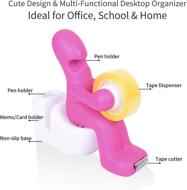 Kontortilbehør med teipdispenser, binders, post-it-lapper, skrivebordsorganisator