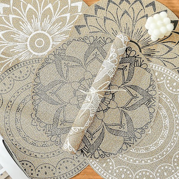 Sett med 6 Boho PVC Runde Plassmatter for Spisebord Mandala Bordmatter Vaskbare Varmebestandige Plassmatter Jute Retro Borddekor(a)