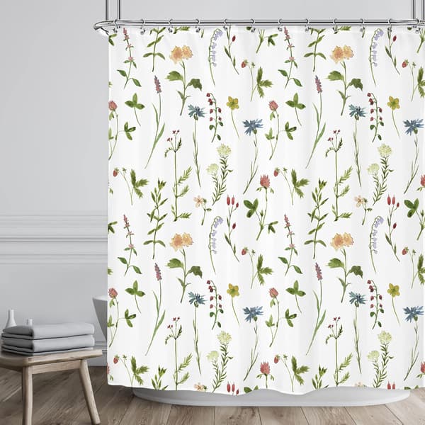 Växtduschdraperier - badrum - mått 180 bredd x 180 cm hög - akvarell vildblomma duschdraperier - med blommor - blad
