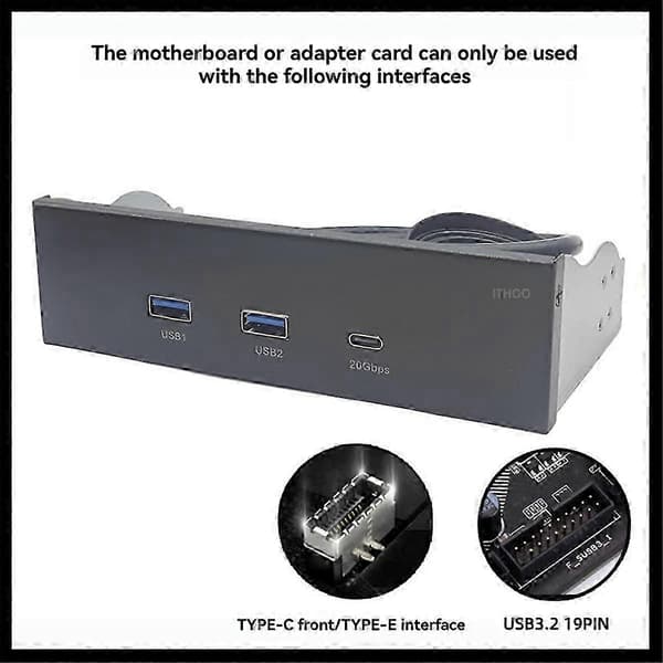 USB-etupaneeli PC:lle, 2 porttia USB 3.2 GEN1 5 Gbps + 1 portti TYPE-C