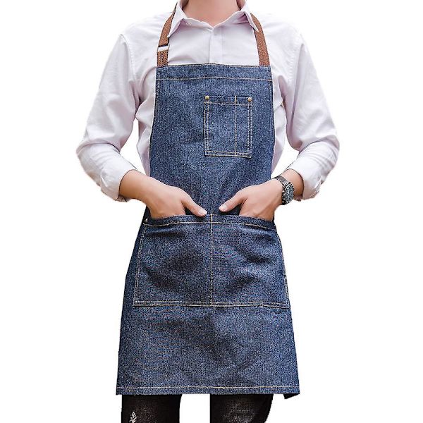 Unisex säädettävä monitaskullinen farkku-esiliina, sopii kokin keittiöön, grillaukseen ja studioon