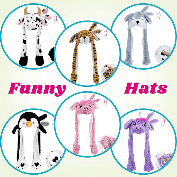 Ko-hatt med öron som rör sig, hoppar upp och ner, slår, plysch, bondgårdsdjur, högtid, cosplay, utklädnad, rolig present till barn flickor, 56 cm