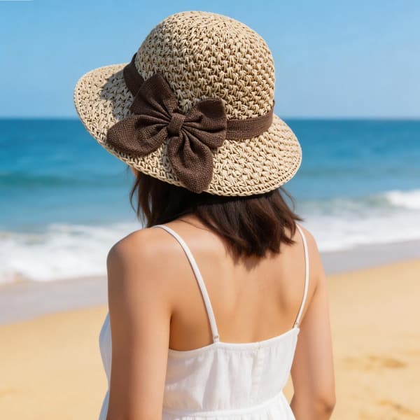 Solhat med sløjfe - Passer til hovedstørrelse 56-58 cm - Strandhat til kvinder - Hat til strandferie - Sammenfoldelig - UV-beskyttende solhat - Sommer